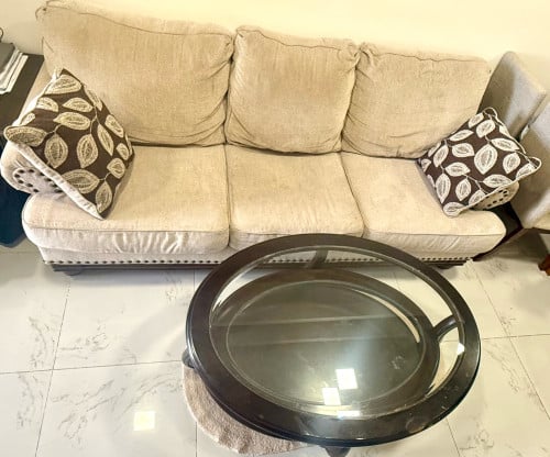Modern 3-Seater Sofa with Round Glass Coffee Table Set for Sale!
