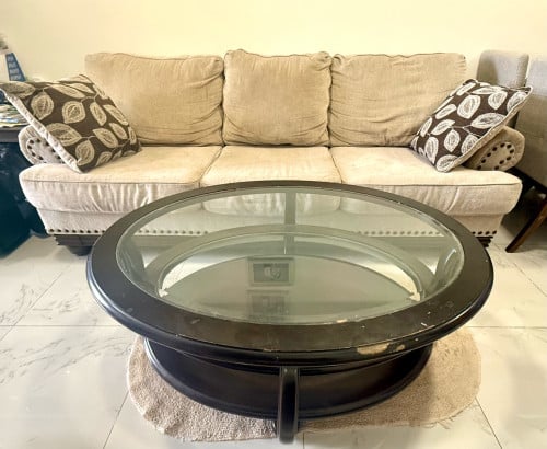 Modern 3-Seater Sofa with Round Glass Coffee Table Set for Sale!
