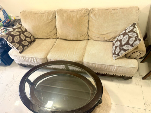 Modern 3-Seater Sofa with Round Glass Coffee Table Set for Sale!