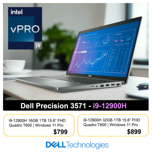 Dell Precision 3571 Workstation _ i9-12900H 32GB 1TB 15.6" T600 = 899$