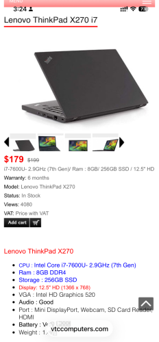 Used - Lenovo X270 i7/256GB/12.5” 3-6 hours (Double Battery)