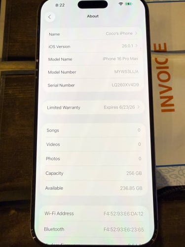 iPhone 16 pro max LL 256g battery 100% charger 50 time