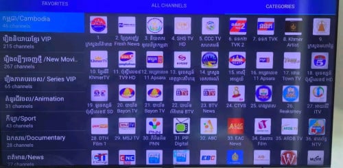 TV Box មានបុស្តិ៍ទូរទស្សន៍ខ្មែរ ចិន​ វៀតណាម ថៃ កូរ៉េនិងអង់គ្លេស រឿងហូលីវូដ ជាច្រើន