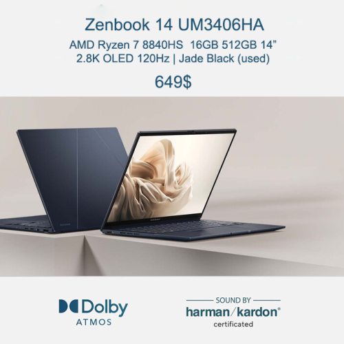ASUS Zenbook 14 $649 _ R7 8840HS  16GB 512GB 14 inch 3K OLED 120Hz, Jade Black