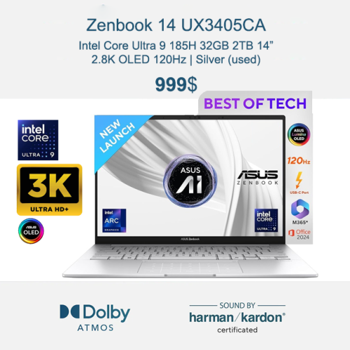 ASUS Zenbook 14 $999 _ Ultra 9 185H 32GB 2TB 14 inch 3K OLED 120Hz Windows 11 , Silver
