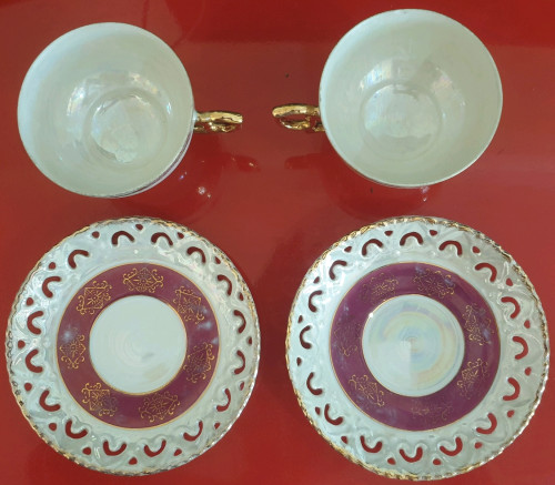 YAMATAKE vintage porcelain Footed tea/coffee Cup & Saucer-red rust with gold bands pattern