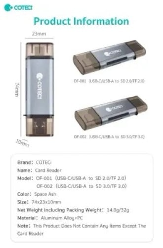 COTECi USB-c /USB-A to SD/TF card reader