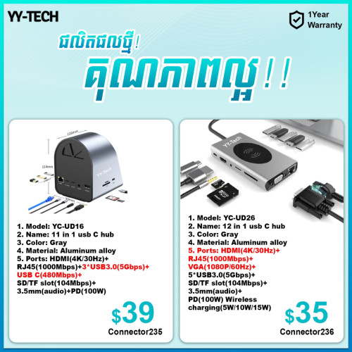 YY-TECH Type C Hub មានច្រើនប្រភេទ