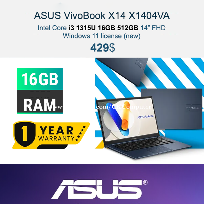 ASUS VivoBook X14 | X1404VA $429 _ i3-1315U 16GB 512GB 14" FHD windows 11 (new)