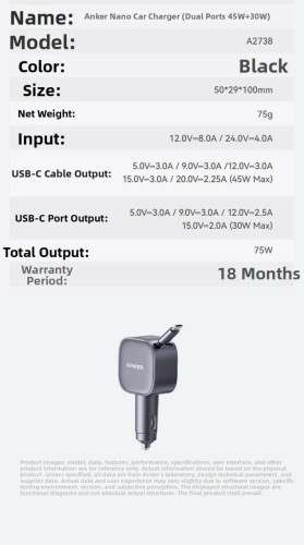 Anker car charger 75wសាកចូលលឿន