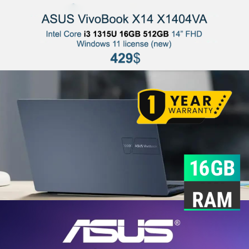 ASUS VivoBook X14 | X1404VA $429 _ i3-1315U 16GB 512GB 14" FHD ,Windows 11 = $429 (new)