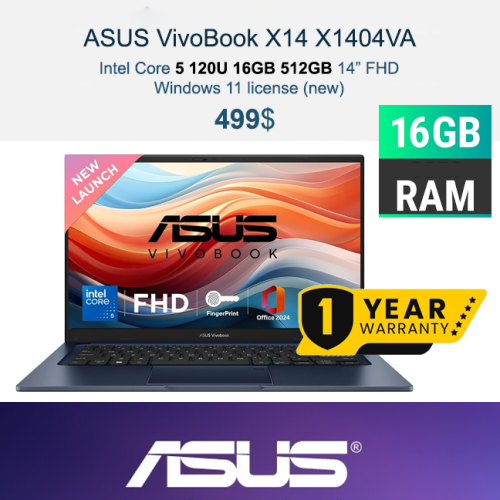 NEW ASUS VivoBook X14 X1404 _ Core 5 120U 16GB 512GB 14" FHD Windows 11 , $499