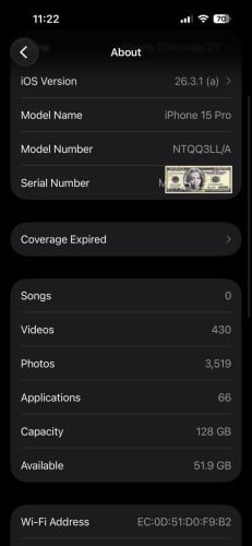 Iphone 15Pro 128G LLA 99% ថ្ម94%