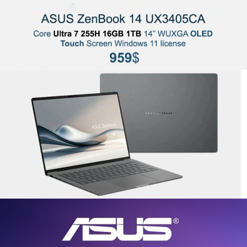 UX3405CA | Ultra 7 225H 16GB 1TB 14" touch OLED windows 11 License | Slim & Long Battery