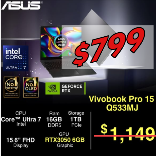 $749 ASUS VivoBook Pro 15 OLED (Ultra 7/16GB/1TB) RTX 3050