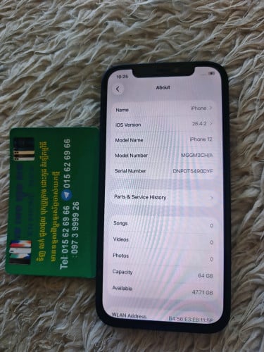 Iphone 12 64g អត់ ស្គែន ស្ទើរ camera ក្រោយ ស្ទើរ តួ ប្រើ បាន ធម្មតា  លក់ តមៃ្ល 75$ 01562