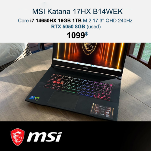 MSI Katana 17 HX _ i7-14650HX 1TB 17.3" QHD 240Hz RTX5050 = $1099