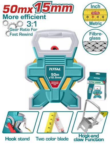 Total 50m Heavy-Duty Fibreglass Measuring Tape (Model: TMTF18506)