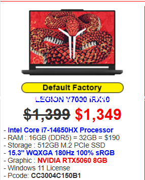 NEW Laptop | LENOVO LEGION Y7000 IRX10 = i7-14650HX 16GB 512GB 15.3" RTX5060 = 1349$