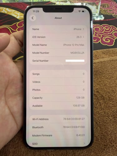 iPhone 12 ProMax 128G color Black ថ្ម86% ឡុកអុីសុីម (ប្រើបានសុីម2)