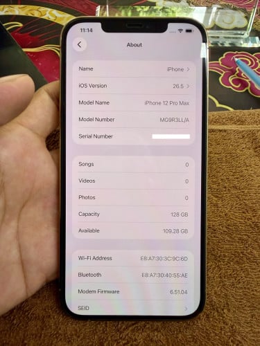 iPhone 12 ProMax 128G color Gold ថ្ម100% ឡុកអុីសុីម (ប្រើបានសុីម2)