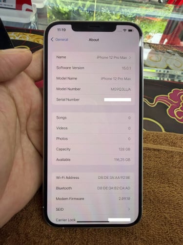 iPhone 12 ProMax 128G color white ថ្ម77% ឡុកអុីសុីម (ប្រើបានសុីម2)