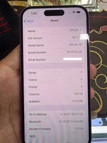iPhone 16 color pink 128G ថ្ម87% ឡុកអុីសុីម (ប្រើបានសុីម2)