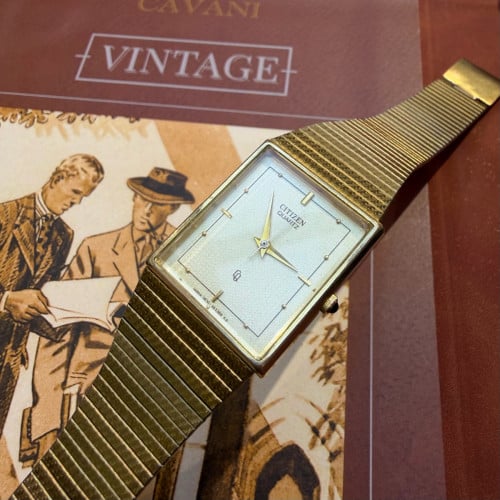 Original Rare Vintage Citizen Tank Quartz Gold Tone Textured Dial 1995 - (Condition 80%)