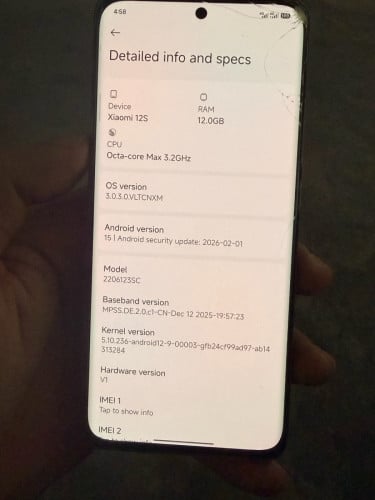 Xiaomi 12s ram12 cpu sn8+ gen1 256gb 120hz sim 2 ch face unlock