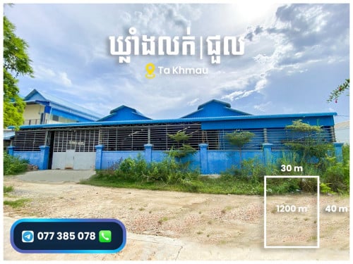 ឃ្លាំងធំ លក់បន្ទាន់ក្រោមតម្លៃទីផ្សារ/ជួល ក្រុងតាខ្មៅ មានភ្លើង3ហ្វា Warehouse for SALE/RENT 仓库出租/出售