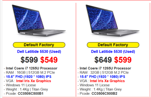 Dell Latitude 5530, Premium (used) _i7 1265U 16GB 1TB 15.6" FHD Windows 11 Pro = $599