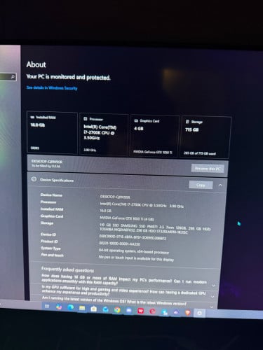 Cpu i7-2700k vga nvidia 1050ti 4G storage 715G +Monitor 27icnh = 300$