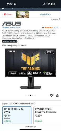 TUF 27” 2K IPS 165hz