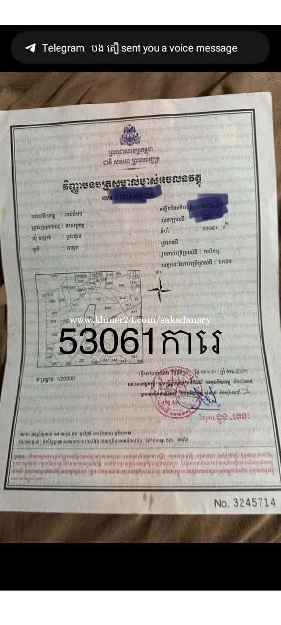ដីស្រែជាប់ផ្លូវ 1ហិចតា3700$ (ប្លង់រឹង) មានចំនួន 5ហិចតា