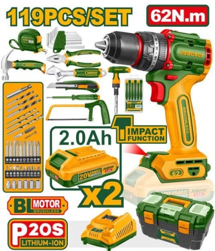 Jadever 20V Cordless Brushless Impact Drill 119-Piece Combo Kit (JDDT4B119)