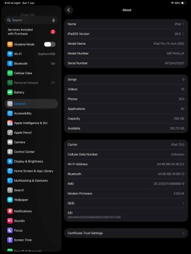 iPad Pro M5 13inch 256G (Sim+Wifi) 99%