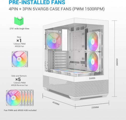 SAMA V40 Mid Tower ATX Gaming Case Include 6 Fans ARGB White