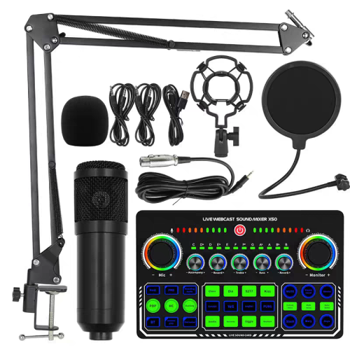 1ឈុត 46$ Condenser Microphone Kit with Live Sound Card ឬ Live Streaming Sound Card Set។