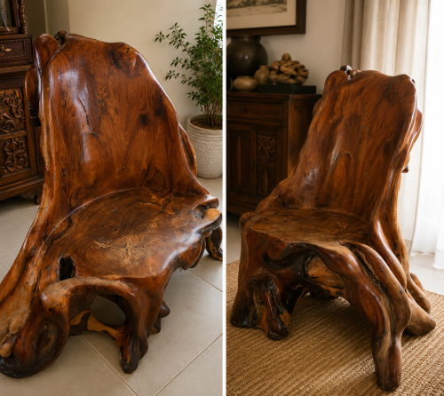 កៅអីឈើឫសធម្មជាតិ / Rare Hand-Carved Rootwood Chair – $1,200