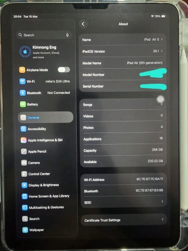 iPad air 5 M2 WiFi bypass 256G ស្អាត 99%