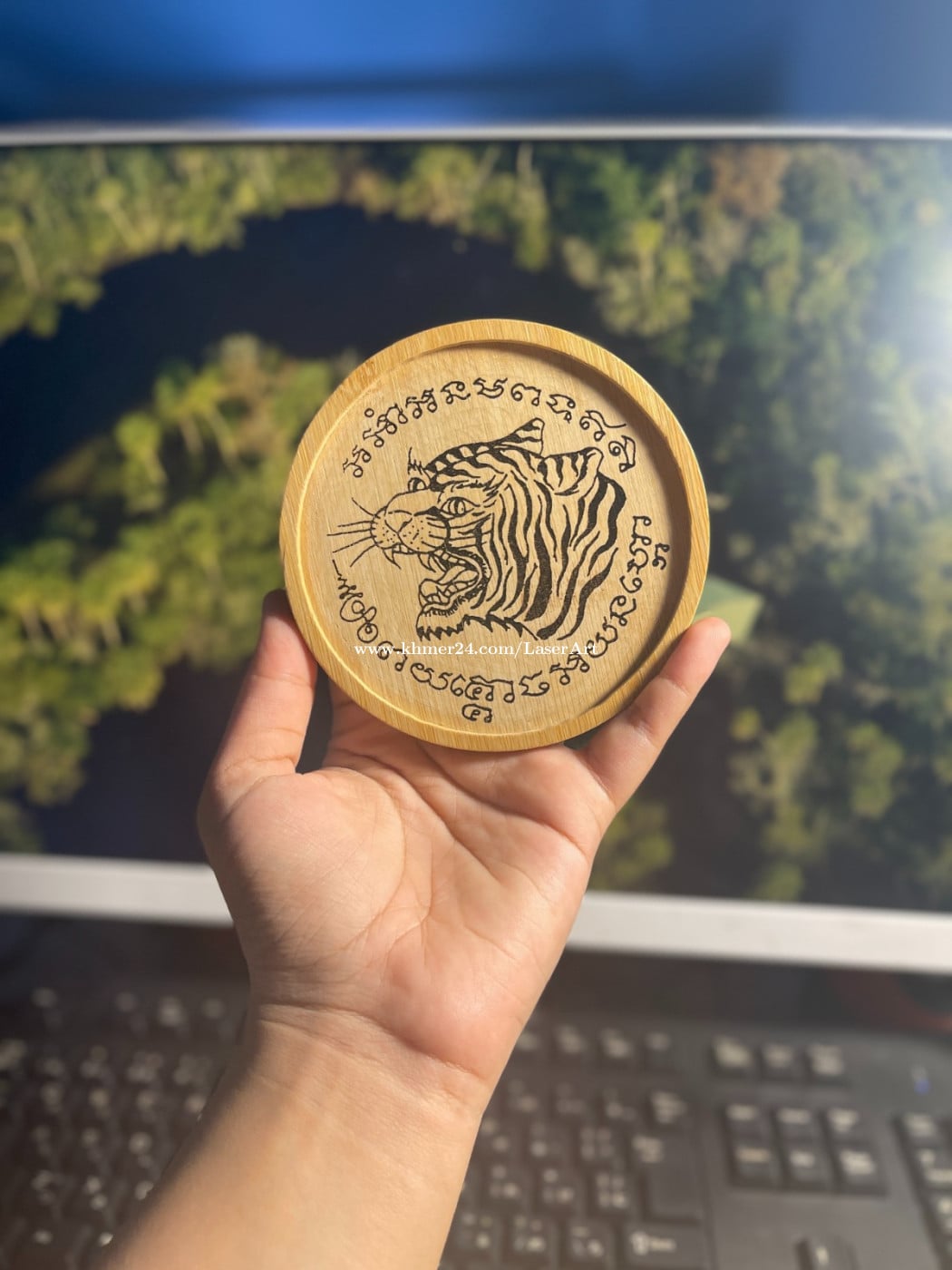 Laser EngravingPersonalize Wooden Coaster For Wedding Anniversary( Gift letter initials onlyឈើឆ្លាក់