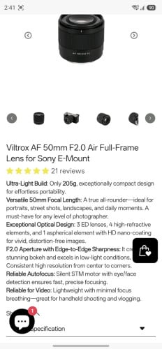 លក់ lens viltrox 50 mm / 2.0 FE