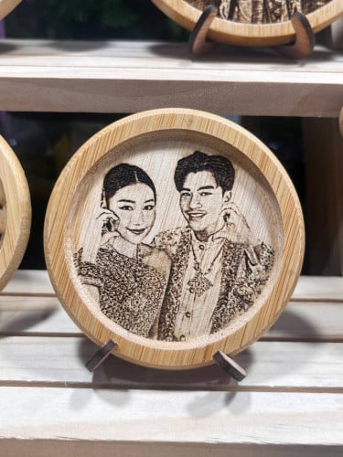 Custom Portrait Wooden Coasters with Photo & Initials/ឈើឆ្លាក់រូបភាពគូរស្វាមីភរិយា