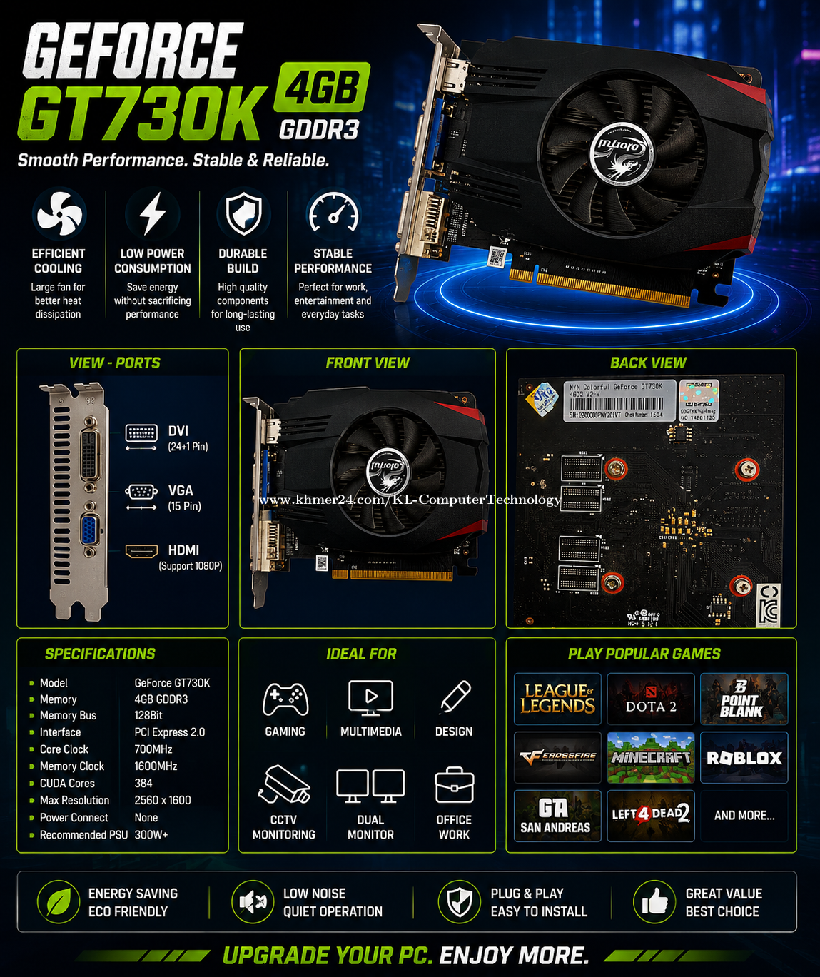 GT730K 4GB DDR3 នេះសាកសមសម្រាប់ការងារទូទៅ និងហ្គេម Online ស្រាលៗ៖