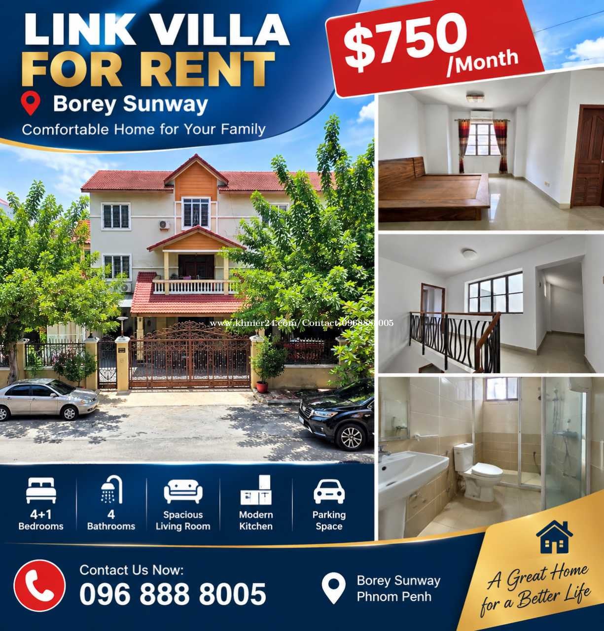 Linkhouse for Rent _ Borey Sunway_$750/month