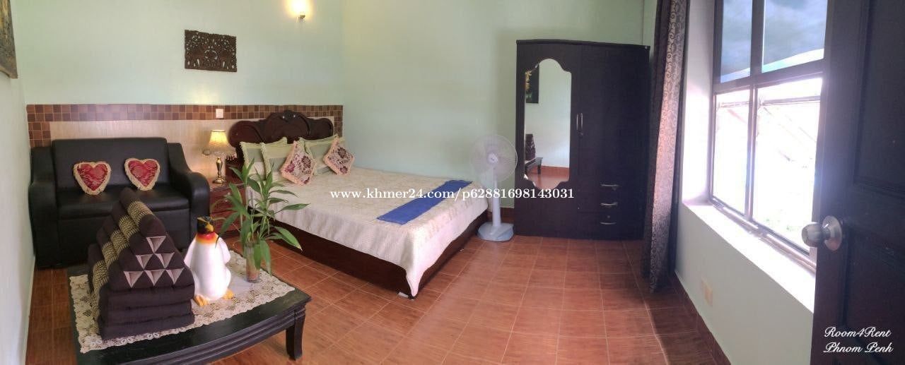 room fully furnished, fridge, air-conditioner, standing fan, hot shower, kitchen, washing machine